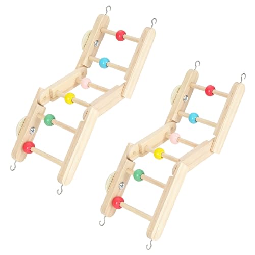 2 Pack Bird Ladder Toy, Natural Wood Parrot Climbing Bridge with Colorful Beads and Hanging Hooks, Bird Cage Accessories for Parakeets Budgies Cockatiels Lovebirds Small Parrots