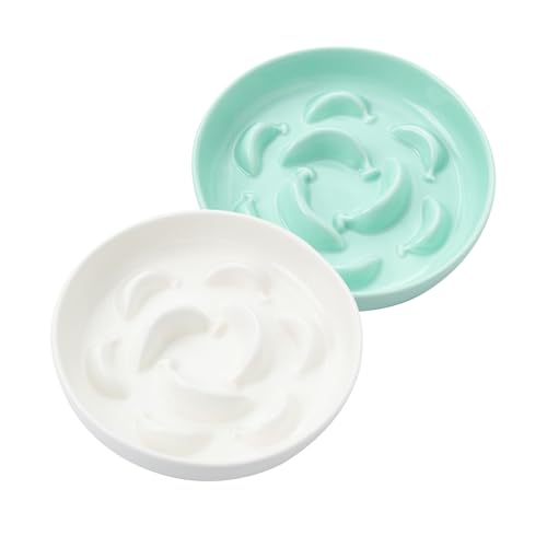 2 Pack Ceramic Cat Slow Feeder Bowl Set, 6.3" Wide, Slow Eating 5X - color: White and Green
