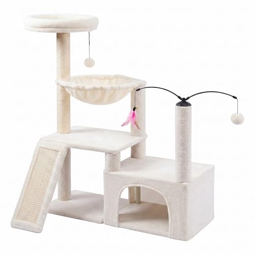 YUNIQUE Multi-Functional Cat Tree Tower, Big Cat Condo with Scratching Board, Rotating Toy & Deep Hammock, Luxury Perch Kitty Furniture for Indoor Cats (White) - color: 288 White