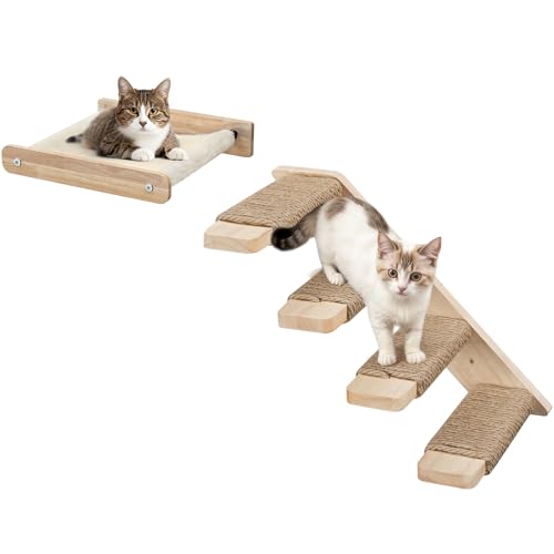 HOOBRO Cat Wall Shelf Set of 2, Wall Mounted 4-Level Cat Steps with Jute Scratching Steps, Hammock Wall Mounted, Holds up to 40 lb, Cat Wall Furniture, for Playing, Natural NL41CS03