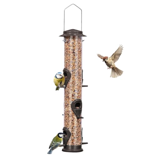 ERYTLLY Metal Bird Feeders - Tube Feeder for Wild Birds, 1.4mm Thick Transparent Tube, Squirrel Proof Hanger - color: Coffee-Metal 6 Feeding Ports