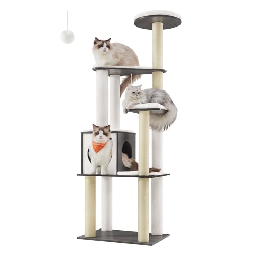 Feandrea Cat Tree, 65-Inch Multi-Level Tower with 5 Scratching Posts - color: Misty Gray