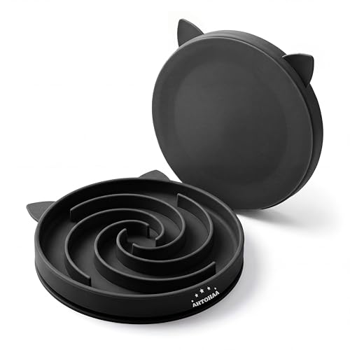 Slow Feeder Cat Bowl, Silicone Maze Design with Suction Base - color: Black