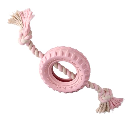 Pet Passion Natural Rubber Tire and Organic Cotton Rope Pull and Chew Dog Toy for All Pet Breeds, Blush, Large - color: Blush, size: Large