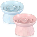 Layhit 2 Pack Raised Slow Feeder Cat Bowls Ceramic Elevated Cat Food Bowls Anti Vomiting Slow Feeder for Dog and Kitten for Dry and Wet Food(Blue, Pink) - color: Blue, Pink