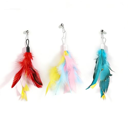 12 Pack Cat Feather Toy Refills,Natural Cat Wand Replacement Feathers with Bell,Colorfull Wand Attachment Feather Toys for Indoor Cats