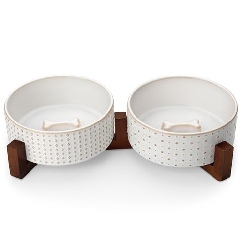 MALACASA Dog Bowl Set, Ceramic Bowls with Walnut Wood Stand, 4 Cups - color: Rhombic+Polka Dots, size: 4 Cups