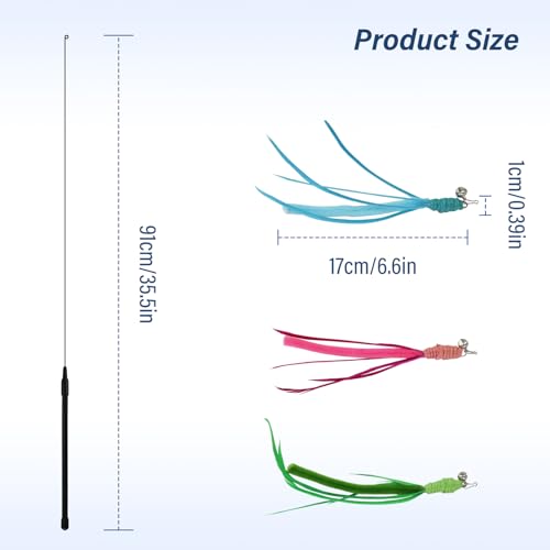 Andiker Cat Wand Toy, 3pcs Setaria Cats Feather Toy Refills with Bell and a 35.8'' Long Flexible Steel Wire Rod, Interactive Cat Toys for Indoor Cats Doing More Exercise and Enjoy Playtime