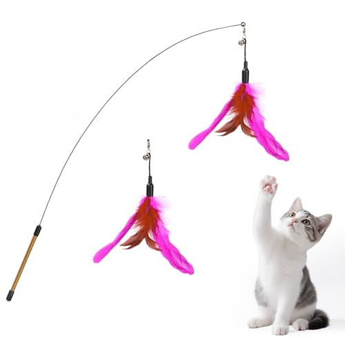 Pawaboo Cat Feather Wand Interactive Toy, 2 Feathers + 1 Wand with Bell - color: Rose + Red Brown