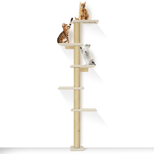 PAWSCRAT 5-Tier Wall-Mounted Cat Tree, 80-Inch Sisal Post, Beige - color: Beige