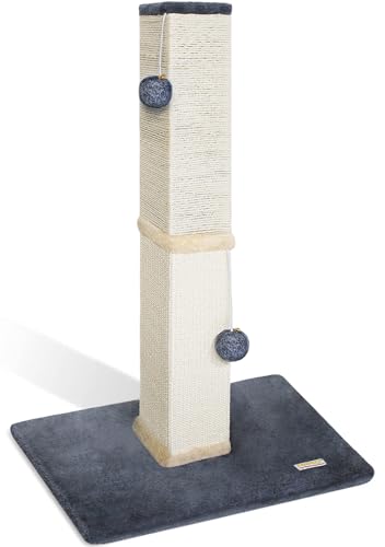 Pawbee 32" Cat Scratching Post Tower with Jingle Bells and Plush Balls, Sisal Tower with Larger Base for Better Stability, Beige - color: Beige