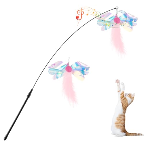 Pawaboo Cat Feather Wand Interactive Toy, 2 Feathers + 1 Wand with Bell - color: Pink Butterfly
