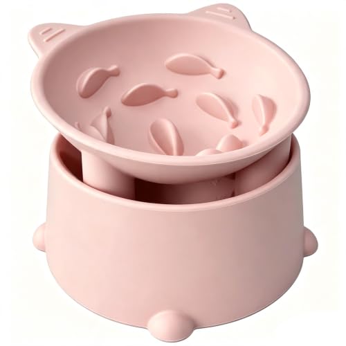 Raised Slow Feeder Cat Bowl, Silicone Elevated Tilted Cat Slow Feeder Bowl - color: Peachy Pink