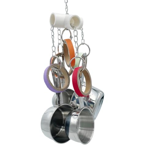 Durable Bird Parrots Pots and Bagel Toys, Pullable Stainless Steel Cup and Cardboard Ring Toys for Amazons Mini Macaws African Greys Cockatoos Eclectus