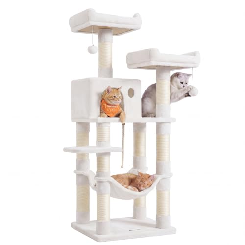 Feandrea Cat Tree, 55.8-Inch Tall Cat Tower Condo Indoor, Light Warm White - color: Cream White