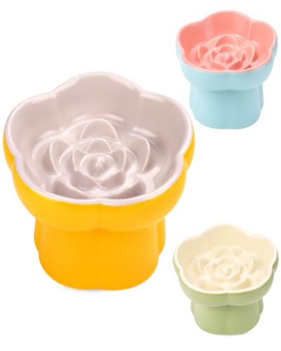 Ceramic Elevated Slow Feeder Cat Bowl Set with Feeding Mat & Measuring Scoop, Raised Tilted Puzzle Bowl for Cats & Small Dogs, Whisker Friendly Pet Feeding Dish for Dry Wet Food (Yellow) - color: Yellow