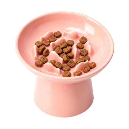 Cat Slow Feeder Bowl, Ceramic Elevated Cat Slow Feeder Bowl, Shallow Wide Opening Dish for Kitty, Anti Vomiting for Dry and Wet Food, Anti-Slip Design, Pink - color: Pink