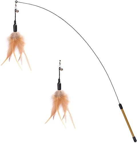 Pawaboo Cat Feather Wand Interactive Toy, 2 Feathers + 1 Wand with Bell - color: A-Brown