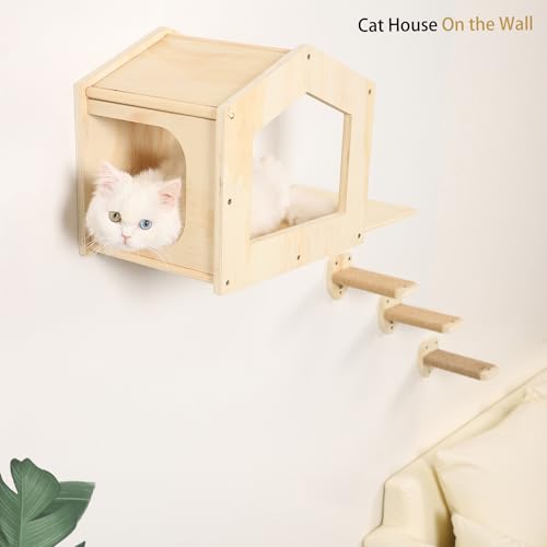 Cat Shelves with 3 Steps Scratching Post and Hammock Bed - Wall Mounted Climbing Condo for Indoor Cats (Wood)
