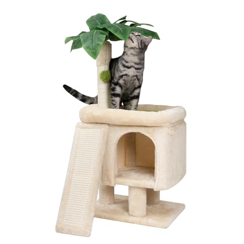 Meowoou Palm Cat Tree Tower for Indoor Cats with Cozy Cat Condo, 33'' Natural Sisal Scratching Posts and Plush Pom-pom for Small Kitty - size: 33 in Palm Cat Tree