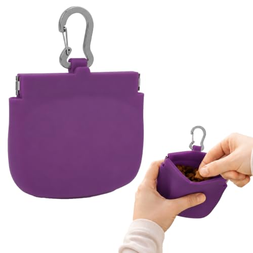 Silicone Dog Treat Pouch for Pet Training One-Hand Access One Cup Silicone Treat Bag with Pull Tab and Auto Closing Lid Treat Pouches for Leash(Color: Purple) - color: Purple