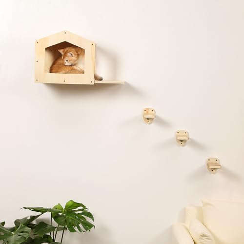 Cat Shelves with 3 Steps Scratching Post and Hammock Bed - Wall Mounted Climbing Condo for Indoor Cats (Wood)