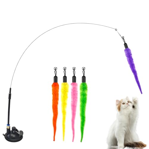 Cat Suction Cup Window Toy for Indoor Cats,with 5 Pcs Detachable Replacements Feathers.