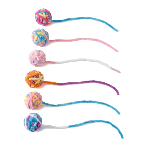 6 Pack Cat Yarn Balls with Long Tassel Tails - Colorful Soft Knitted Cat Toy Balls, Interactive Kitten Chase & Chew Toys for Boredom Relief & Mental Stimulation, Safe Plush Cat Play Set - color: C
