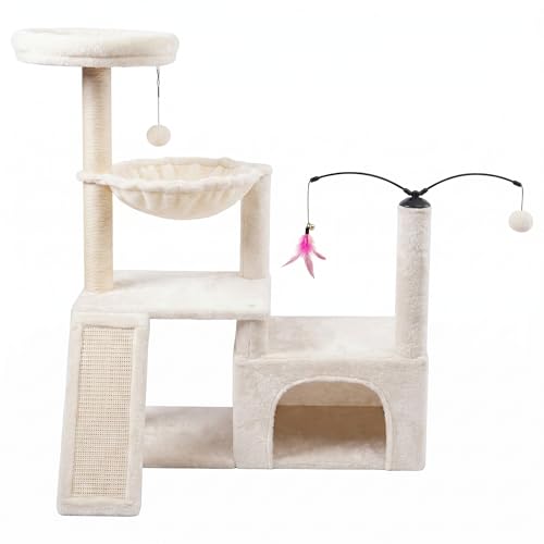YUNIQUE Multi-Functional Cat Tree Tower, Big Cat Condo with Scratching Board, Rotating Toy & Deep Hammock, Luxury Perch Kitty Furniture for Indoor Cats (White) - color: 288 White
