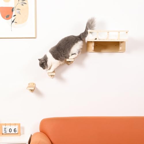 Cat Wall Shelf with 3 Cat Wall Steps,Cat Wall Shelves with Plush Coverd,Cat Climbing Shelf for Indoor Cat,Cat Wall Furniture Cat Shelf for Wall (Wood) - color: Wood
