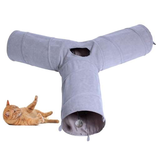 3 Way Collapsible Cat Play Tube Toys with Plush Ball, Indoor Play Tunnel for Puppy, Kitty, Kitten, Rabbit - color: 3 Way Shape