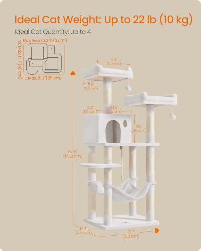Feandrea Cat Tree, 55.8-Inch Tall Cat Tower Condo Indoor, Light Warm White - color: Cream White