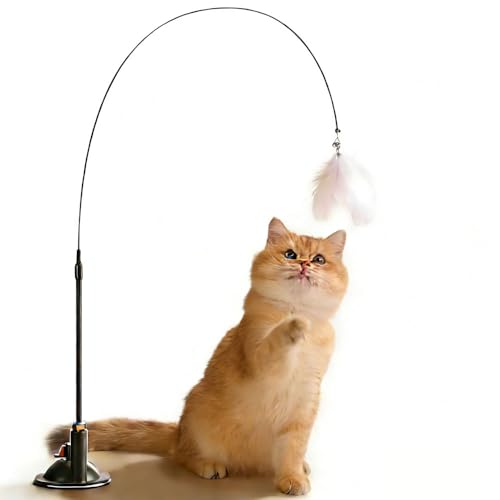 Suction Cup Cat Teaser Wand - Interactive Feather & Bell Toy for Indoor Cats, Self-Play Fixed Design, Scratch-Resistant to Relieve Boredom