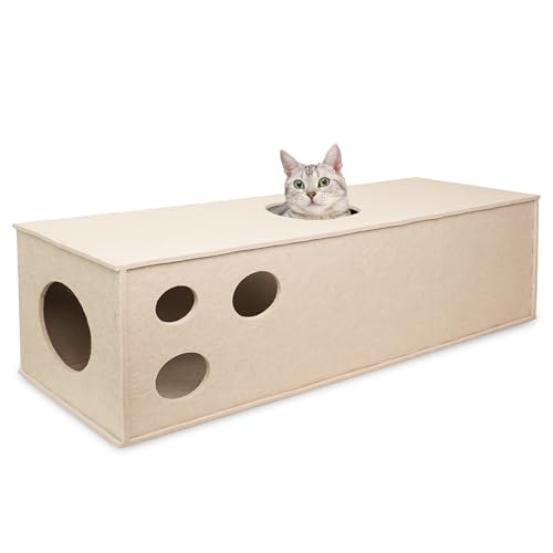 PETKARAY Cat Tunnel, Original Cat Hideaway Cave for Indoor Cats, Large Kitten Play Tubes and Tunnels, Soft Felt Cat Toy with Interactive Peek Hole, Beige Straight - color: Beige, size: Straight Tunnel