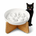 PTOBER Elevated Slow Feeder Cat Bowl - Melamine Cat Dish with Anti-Slip Bamboo Stand - Whisker Friendly Feeding Bowl - Floral Maze Food Plate for Slow Eating - White - color: White