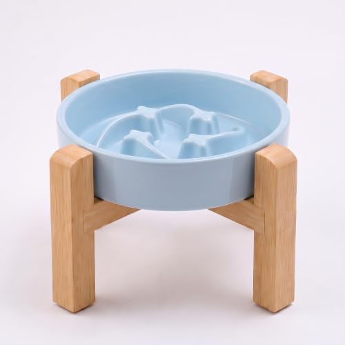 Elevated Ceramic Slow Feeder Dog Bowls Anti-Choking Slow Feeding for Small&Medium Size Anti-Slip Non-Lead & Toxic Durable Easy to Clean Maze Slow Feeder Bowl（8.26in Mint Blue Stars Pattern） - color: Mint Blue Stars Pattern, size: 1.6Cup
