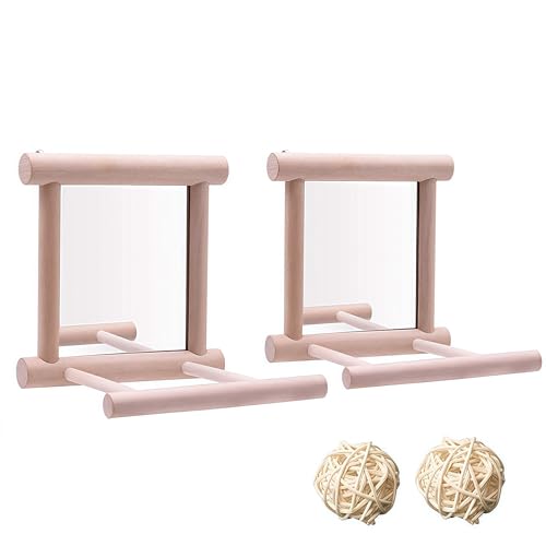 HANZE Bird Mirror Swing with Rattan Ball, Natural Wood Parrot - 2 Pack - color: 2 Pack
