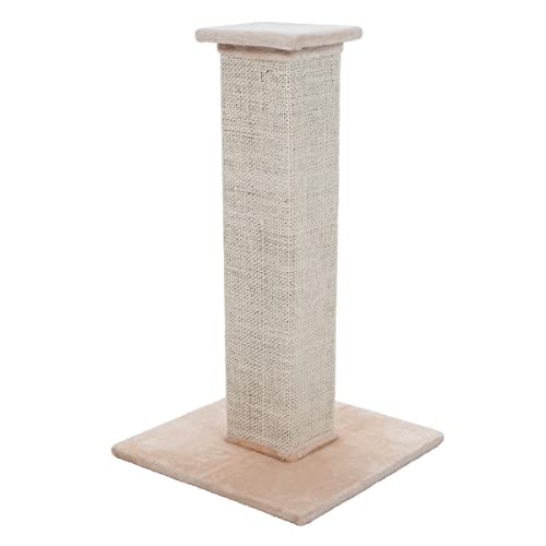 Cat Scratching Post with Carpeted Base - 27.75-Inch Sisal Burlap Fabric Scratcher - Furniture Scratching Deterrent for Indoor Cats by PETMAKER (Beige) - color: Beige