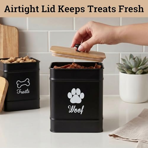 Dog Treat Container Airtight Set of 2 - 8x6 & 7x5 inch Iron Dog Treat Jars for Kitchen Counter with Airtight Bamboo Lids - 20 Cup Capacity Pet Treat Container Set - Doggie Cookie Jar - Treats Canister - color: Black - Large
