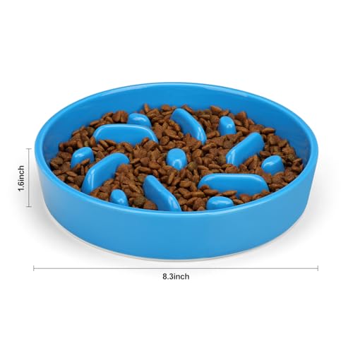 Ceramic Slow Feeder Dog Bowl, 2 Cups Maze Puzzle Dish to Slow Down Eating - color: Maze - Blue