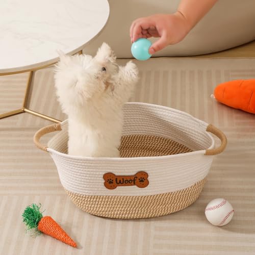 Dog Toy Basket, Dog Toy Box Organizer Baskets, Woven Cotton Rope Pet Puppy Dogs Toy Bin With Handle, Chew Toys Blankets Leashes Storage Baskets for All Pets - Puppies to Large 14" L x 10.2" W x H 7.9" - color: Yellow Woof