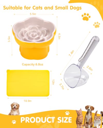 Ceramic Elevated Slow Feeder Cat Bowl Set with Feeding Mat & Measuring Scoop, Raised Tilted Puzzle Bowl for Cats & Small Dogs, Whisker Friendly Pet Feeding Dish for Dry Wet Food (Yellow) - color: Yellow