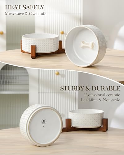 MALACASA Dog Bowl Set, Ceramic Bowls with Walnut Wood Stand, 4 Cups - color: Rhombic+Polka Dots, size: 4 Cups
