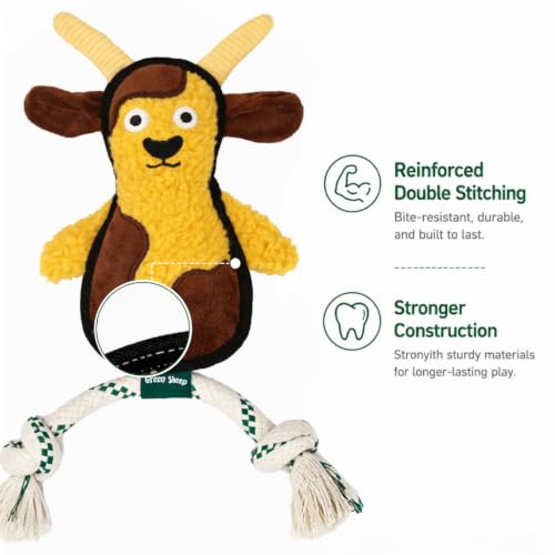 Green Sheep Squeaky Plush Dog Toy, Interactive Rope Toy with Recycled Materials for Tug, Fetch and Play, Medium to Large Dogs, Chew Toy, Goat - color: Goat