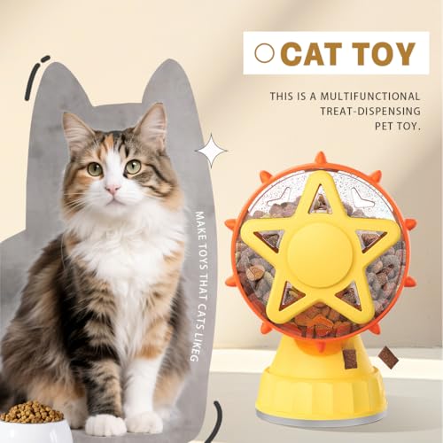 2-in-1 Interactive Cat Toy, Rotating Treat Dispenser with Strong Suction Cup & Teaser Wand, Adjustable Slow Feeder Puzzle Toy for Cats, Boredom Relief & Mental Stimulation Fits Kibble ,Treats (Yellow) - color: Yellow