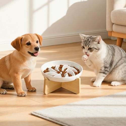 PETTOM Slow Feeder Cat Bowl Elevated Ceramic with Bamboo Stand, Lotus - color: Lotus