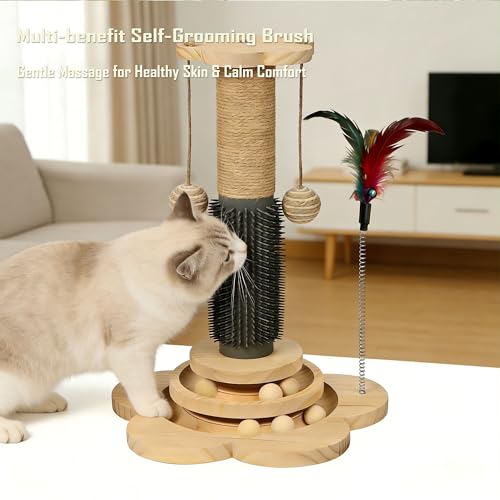 Wooden Cat Scratching Post, 4 in 1 Cat Scratcher Kitten Toys - color: 17.7" Post with Brush