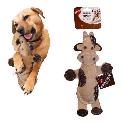SPOT Dura-Fused Leather Barnyard Animals - Stuffed Dog Toy with Squeaker, Real Leather & Jute Fabric, for Light to Moderate Chewers, Great for Adult Dogs and Puppies - 11in, Assorted Styles, 1 Piece