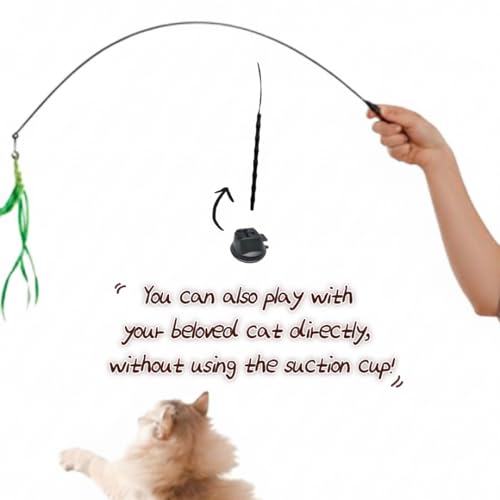 Cat Wand Toy with Suction Cup, Including 8Pcs Refills (Bird, Feather, Mouse, Butterfly, Ball, Chick, Fish), and can be Used as Individual Wands When Detached