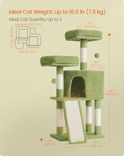 Feandrea Cat Tree, 45.3-Inch Cute Cat Tower, Plush Climbing Condo, Green - color: Grass Green